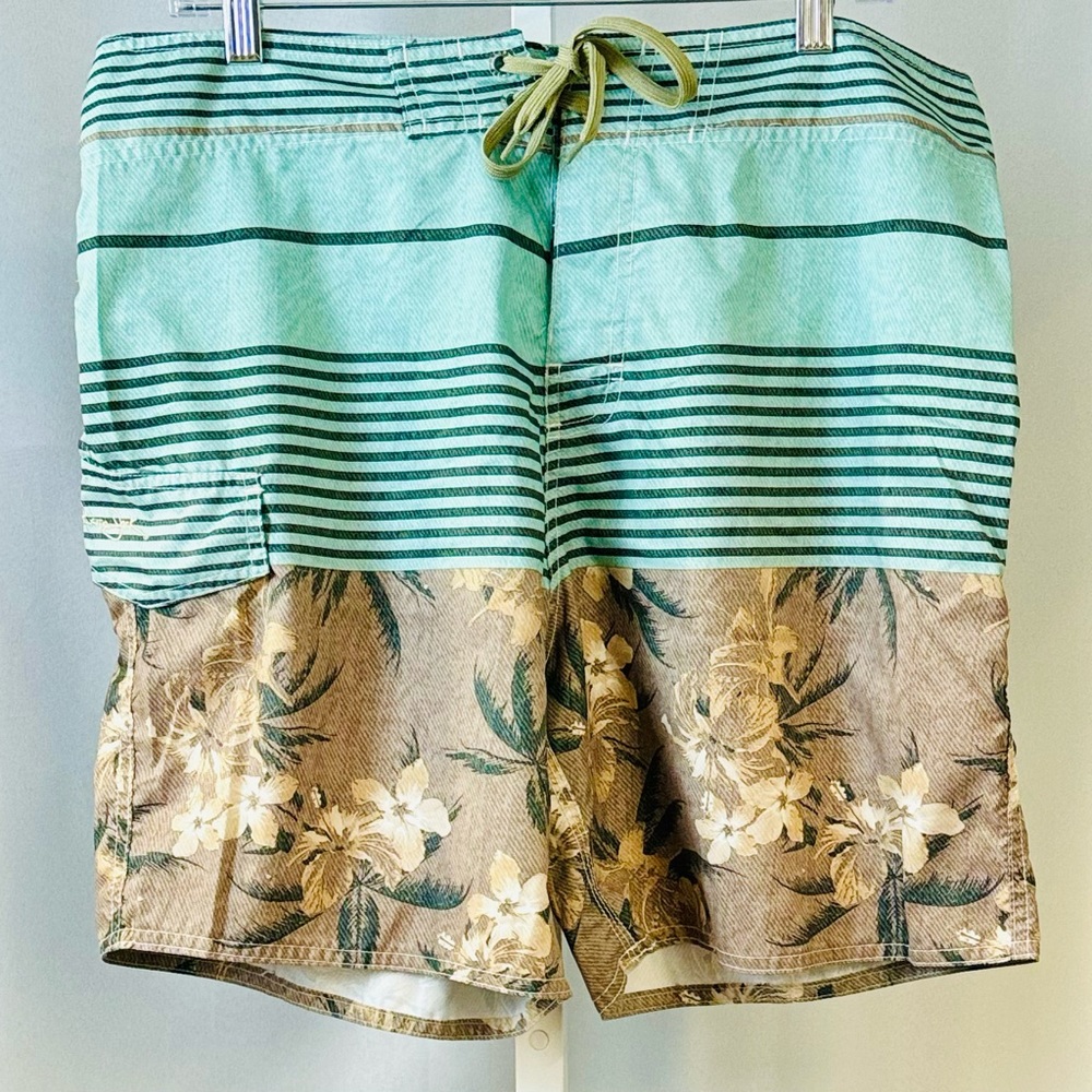 Panama Jack Size 36 Board‎ Surf Swim Shorts Aqua Striped & Brown Hawaiian  Print